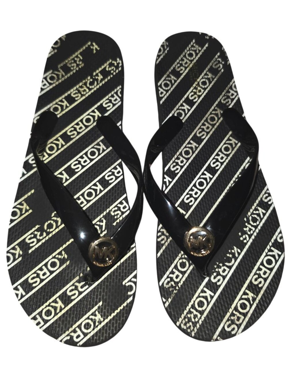 Women's Michael Kors Black Gold Flip Flops Size 8 Logo Rubber Sandals MK Signatu
